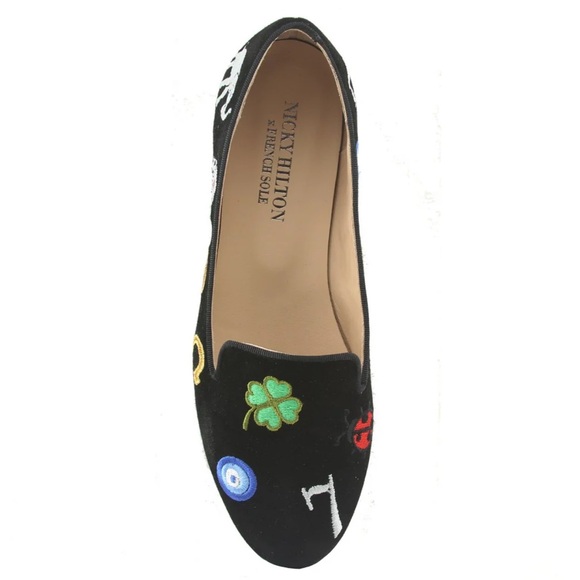 Nicky Hilton x French Sole Lucky Embroidered Black Suede Flats Size 6 - Picture 5 of 15